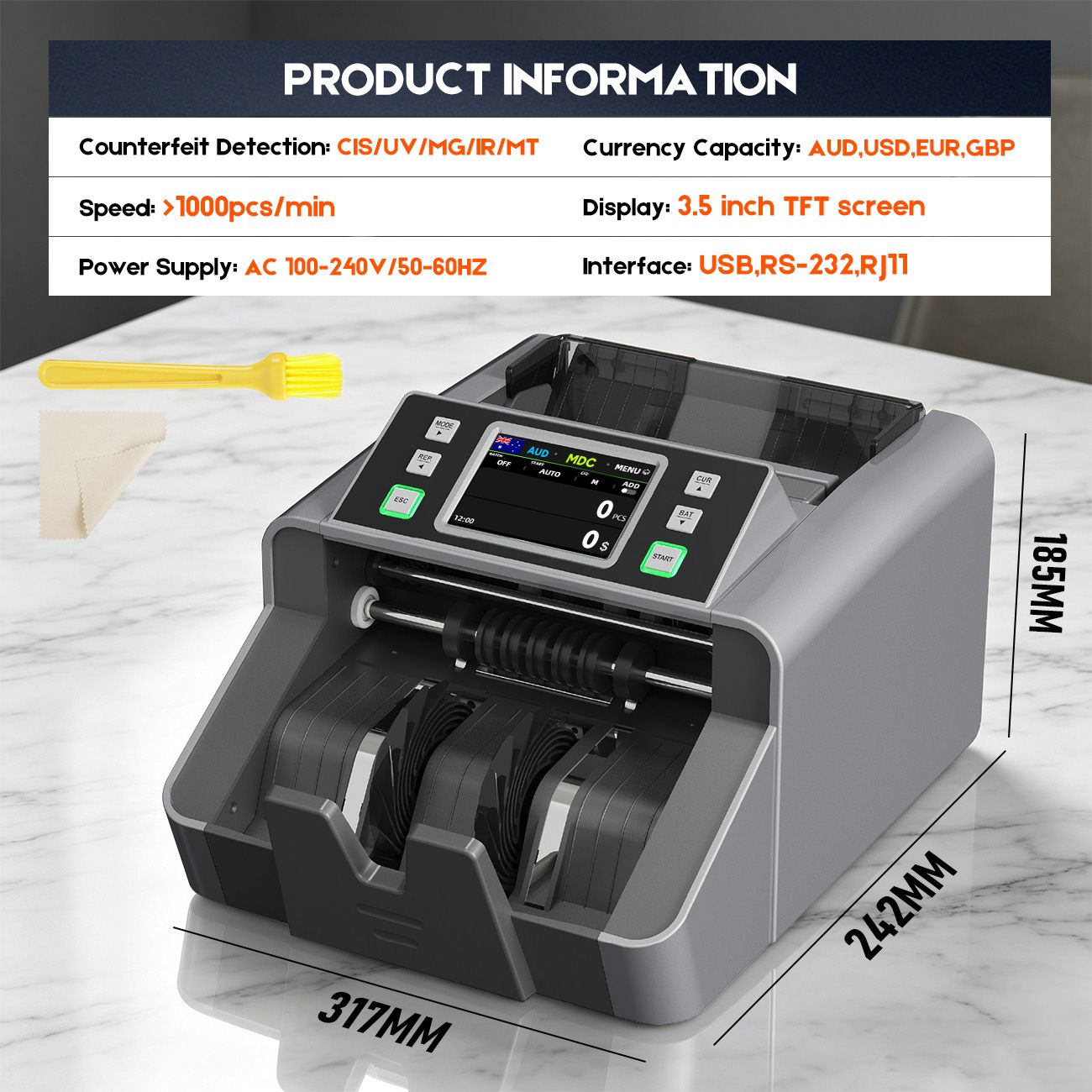 Mixed Denomination Money Counter with Counterfeit Detection, Touch Screen, and CIS/UV/MG/IR/MT, USD, AUD, EUR, CAD Cash Counter for Business, Merchant