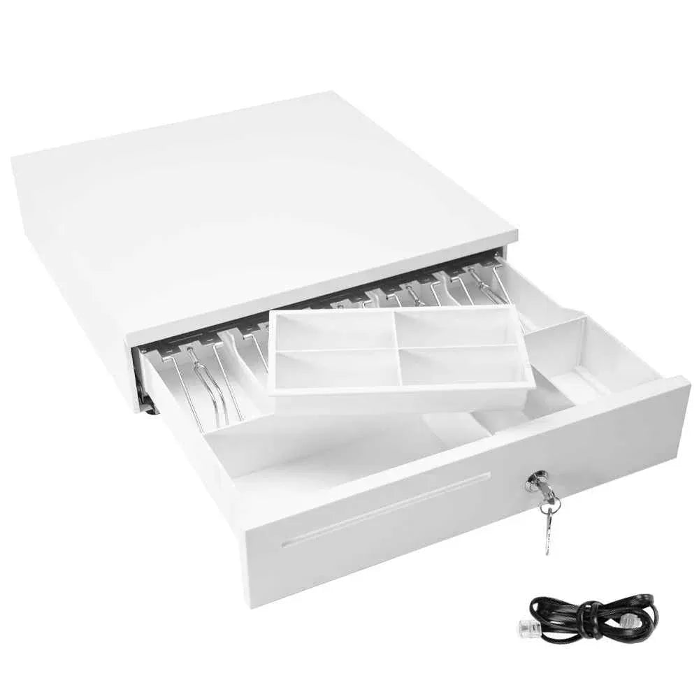 Heavy Duty Metal Cash Drawer, 5 Note & 6 Coin Trays,White(40.5x42x11.2cm)