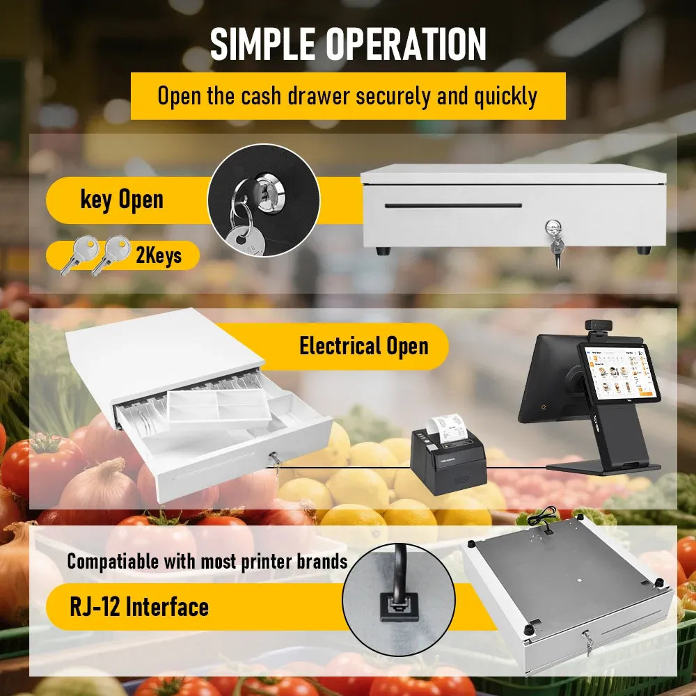 Heavy Duty Metal Cash Drawer, 5 Note & 6 Coin Trays,White(40.5x42x11.2cm)