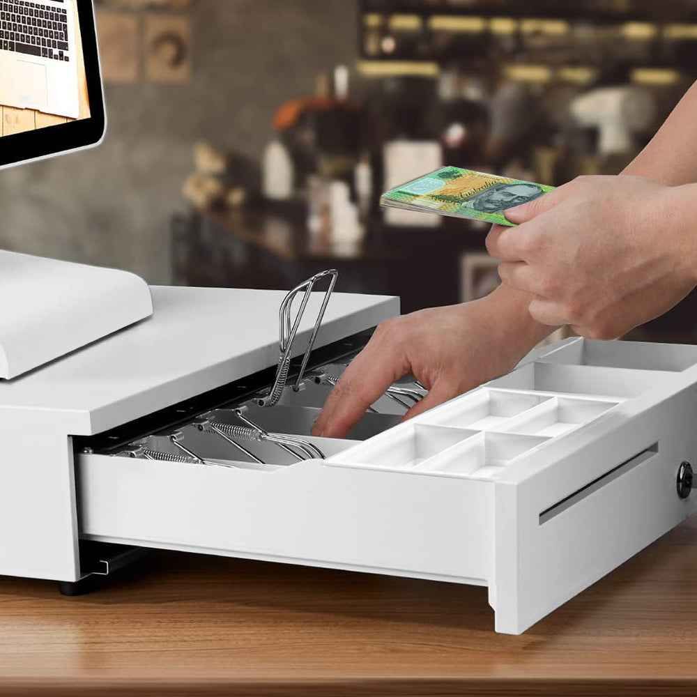 Heavy Duty Metal Cash Drawer, 5 Note & 6 Coin Trays,White(40.5x42x11.2cm)