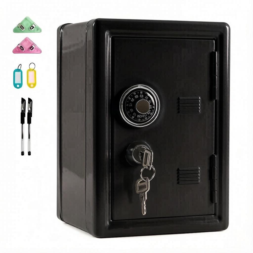 Lockable Metal Money Box, Cash & Coin Storage Box with Key Lock, Compact Piggy Bank for For Kids & Adults, Office & Small Valuables-Black