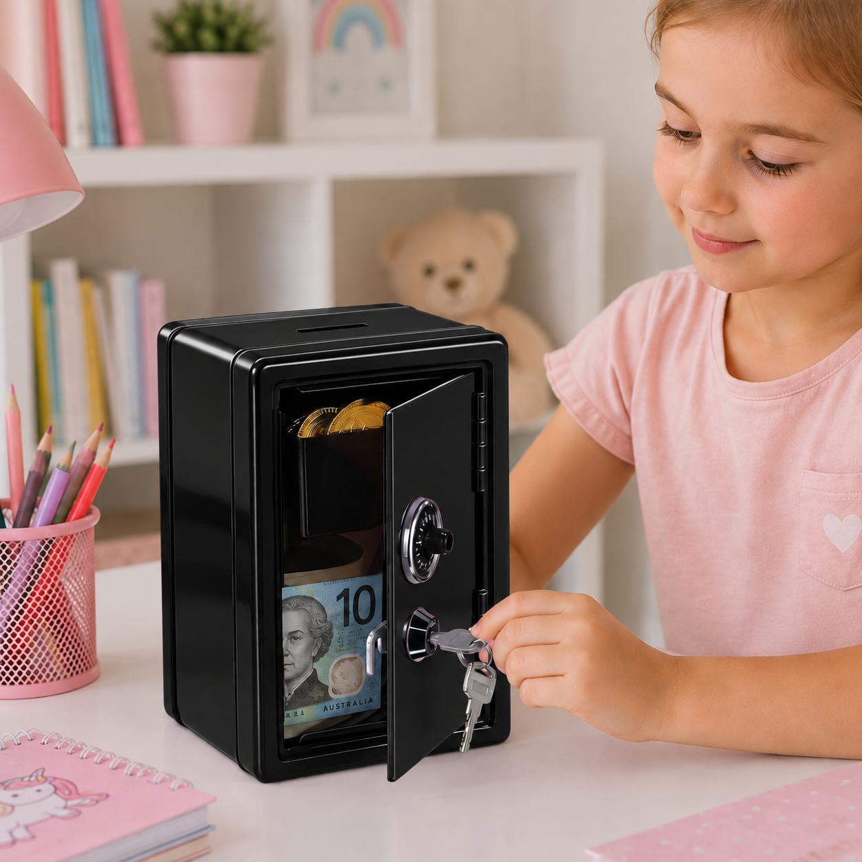 Lockable Metal Money Box, Cash & Coin Storage Box with Key Lock, Compact Piggy Bank for For Kids & Adults, Office & Small Valuables-Black