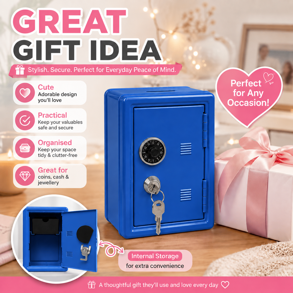 Lockable Metal Money Box, Cash & Coin Storage Box with Key Lock, Compact Piggy Bank for For Kids & Adults, Office & Small Valuables-Blue
