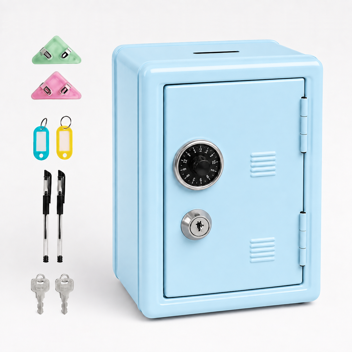 Lockable Metal Money Box, Cash &amp; Coin Storage Box with Key Lock, Compact Piggy Bank for For Kids &amp; Adults, Office &amp; Small Valuables-Light Blue