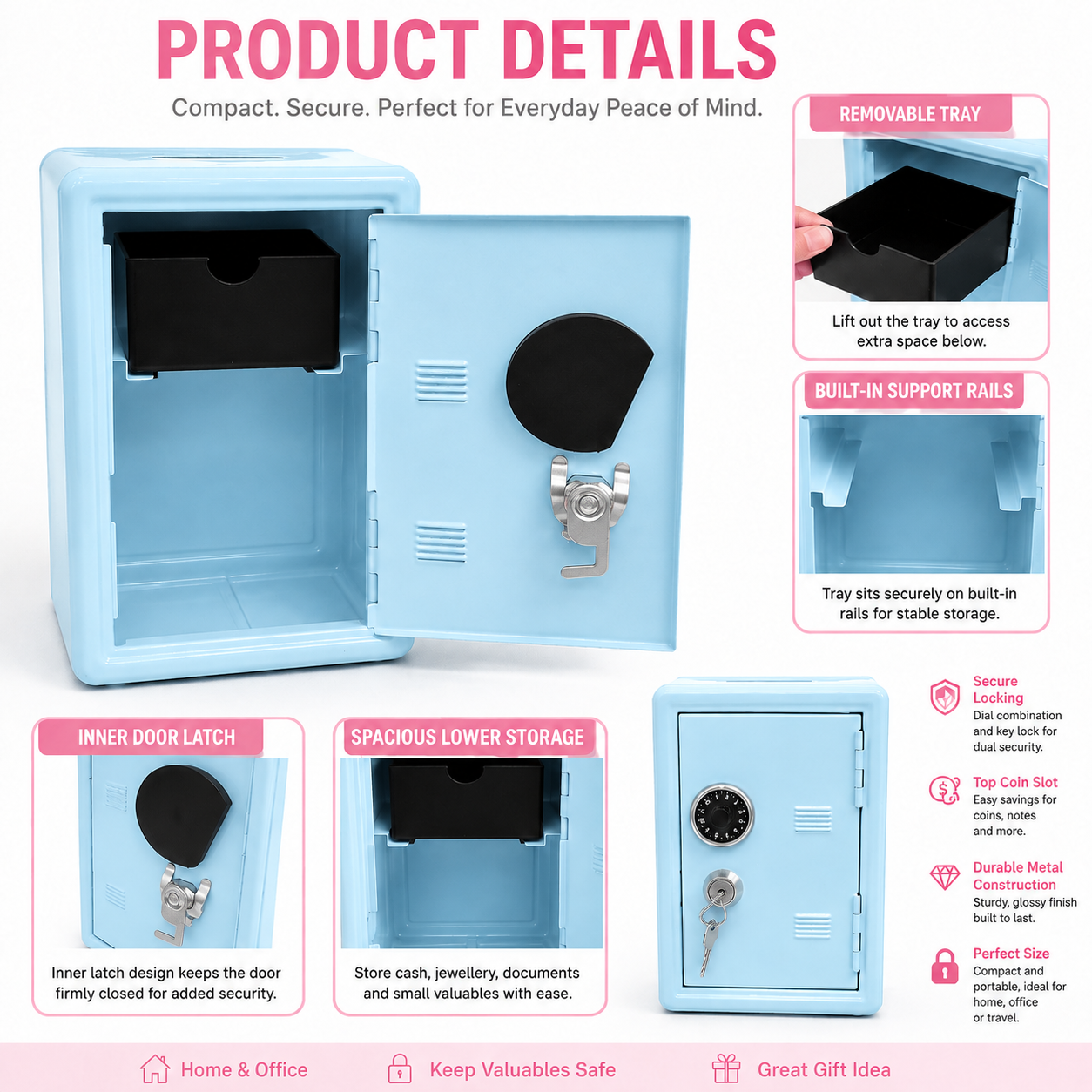 Lockable Metal Money Box, Cash & Coin Storage Box with Key Lock, Compact Piggy Bank for For Kids & Adults, Office & Small Valuables-Light Blue