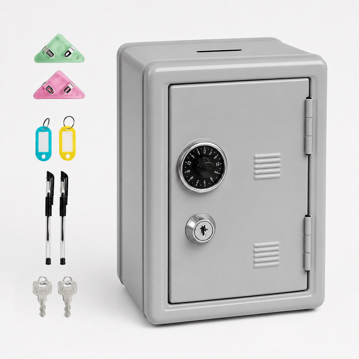 Lockable Metal Money Box, Cash &amp; Coin Storage Box with Key Lock, Compact Piggy Bank for For Kids &amp; Adults, Office &amp; Small Valuables-Grey
