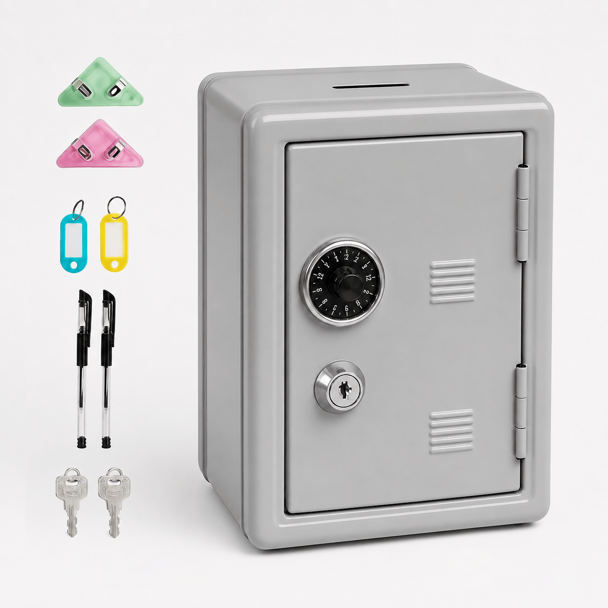 Lockable Metal Money Box, Cash & Coin Storage Box with Key Lock, Compact Piggy Bank for For Kids & Adults, Office & Small Valuables-Grey