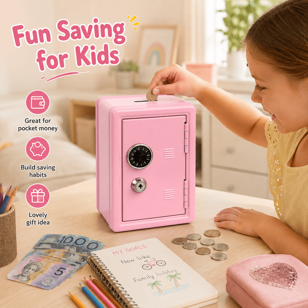 Lockable Metal Money Box, Cash & Coin Storage Box with Key Lock, Compact Piggy Bank for For Kids & Adults, Office & Small Valuables
