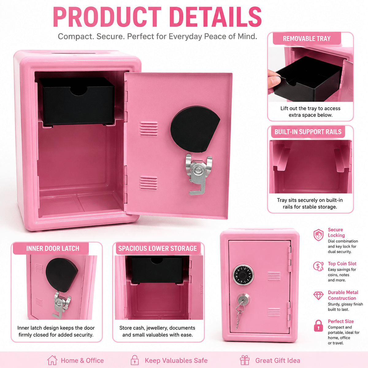 Lockable Metal Money Box, Cash & Coin Storage Box with Key Lock, Compact Piggy Bank for For Kids & Adults, Office & Small Valuables