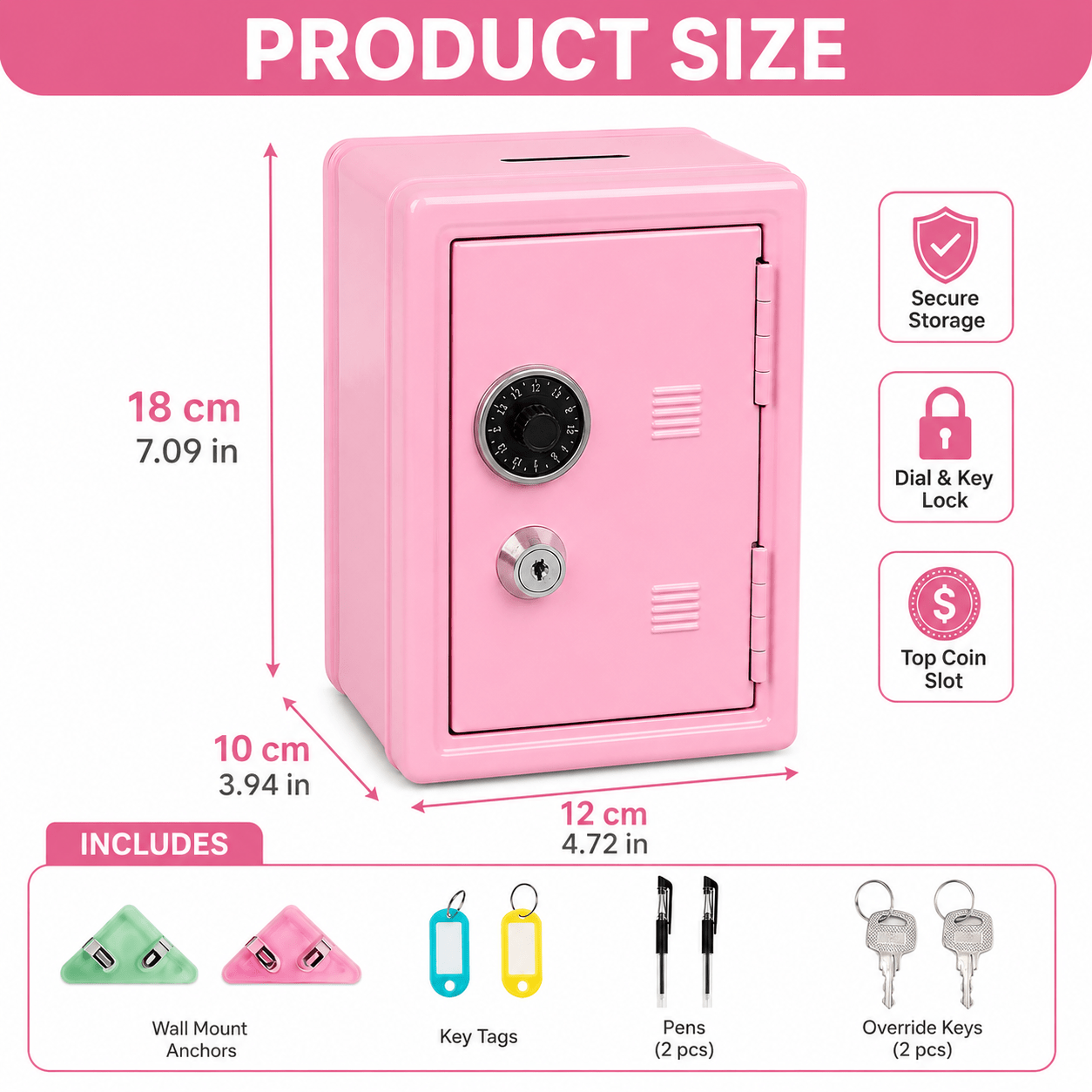 Lockable Metal Money Box, Cash & Coin Storage Box with Key Lock, Compact Piggy Bank for For Kids & Adults, Office & Small Valuables