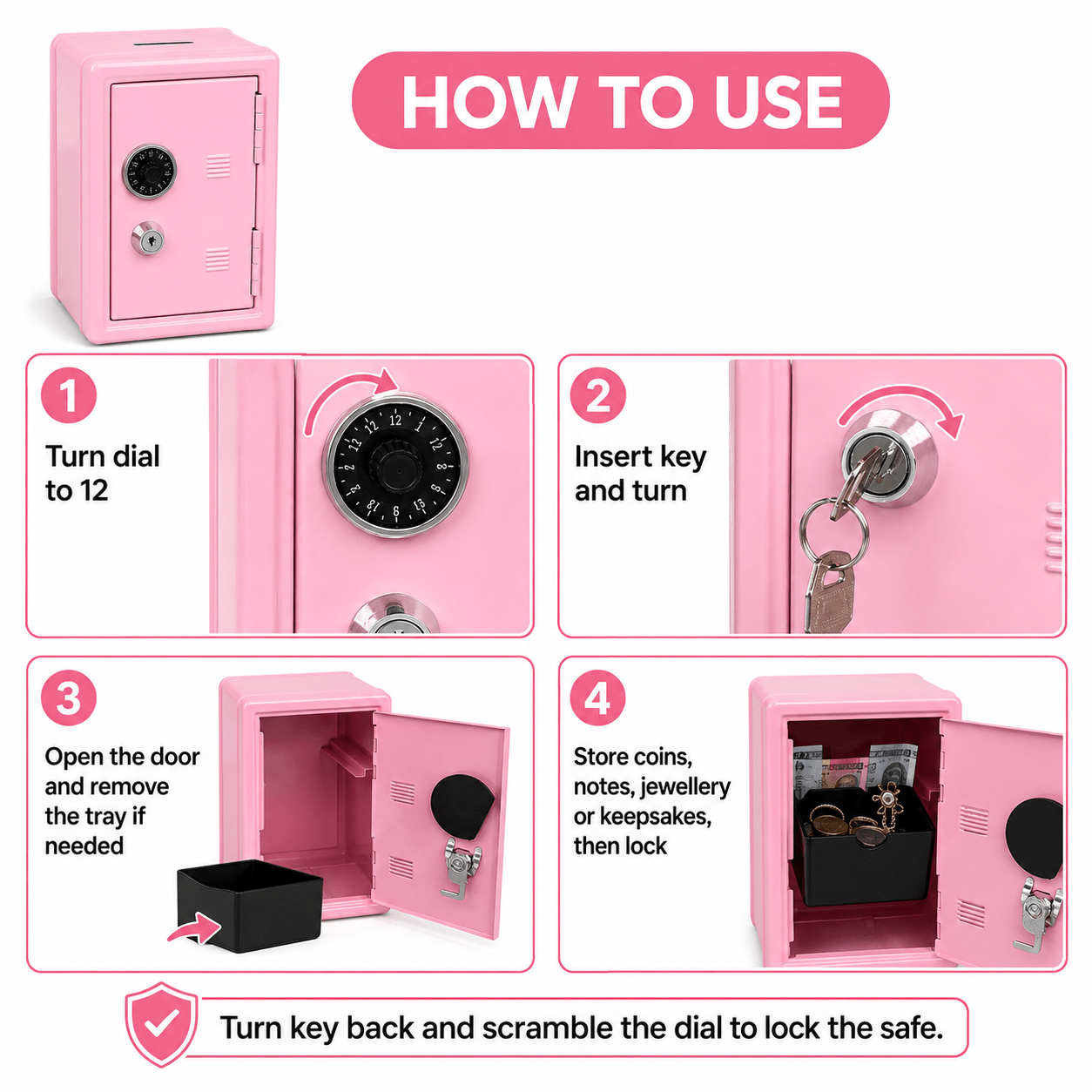 Lockable Metal Money Box, Cash & Coin Storage Box with Key Lock, Compact Piggy Bank for For Kids & Adults, Office & Small Valuables