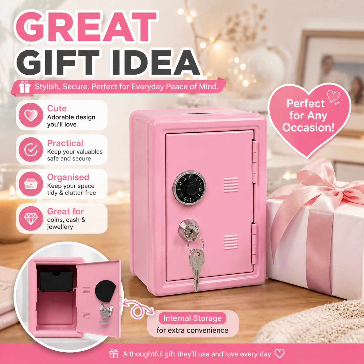 Lockable Metal Money Box, Cash & Coin Storage Box with Key Lock, Compact Piggy Bank for For Kids & Adults, Office & Small Valuables