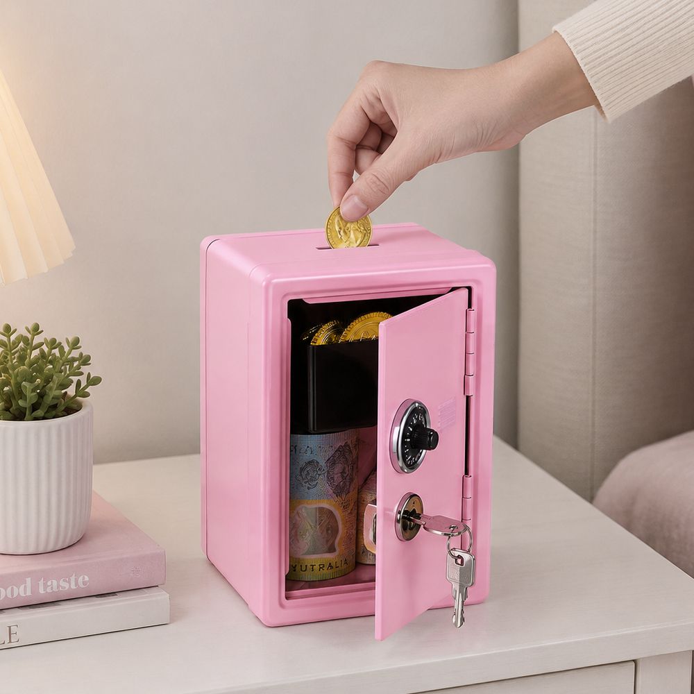 Lockable Metal Money Box, Cash & Coin Storage Box with Key Lock, Compact Piggy Bank for For Kids & Adults, Office & Small Valuables