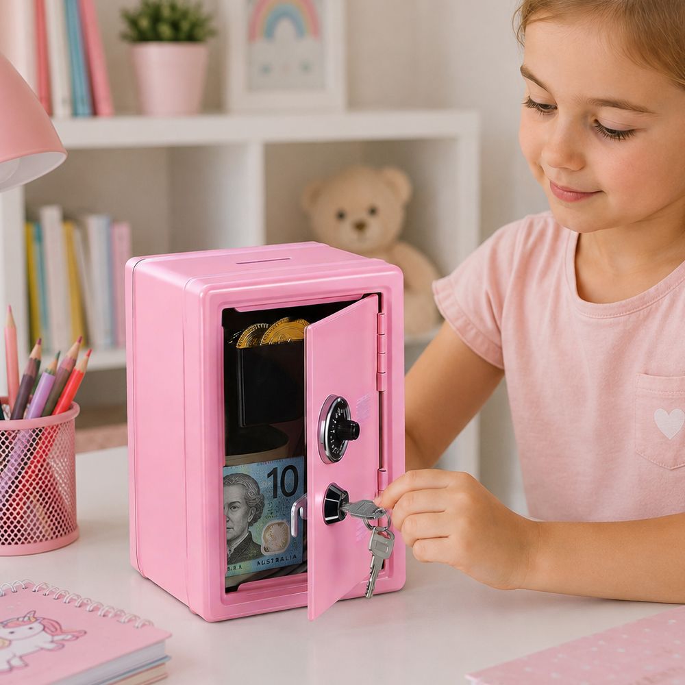 Lockable Metal Money Box, Cash & Coin Storage Box with Key Lock, Compact Piggy Bank for For Kids & Adults, Office & Small Valuables