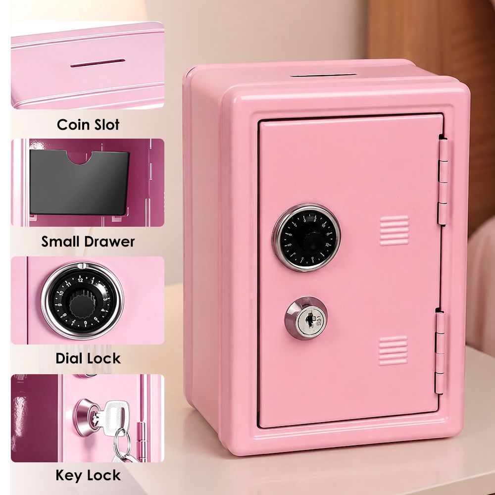 Lockable Metal Money Box, Cash & Coin Storage Box with Key Lock, Compact Piggy Bank for For Kids & Adults, Office & Small Valuables