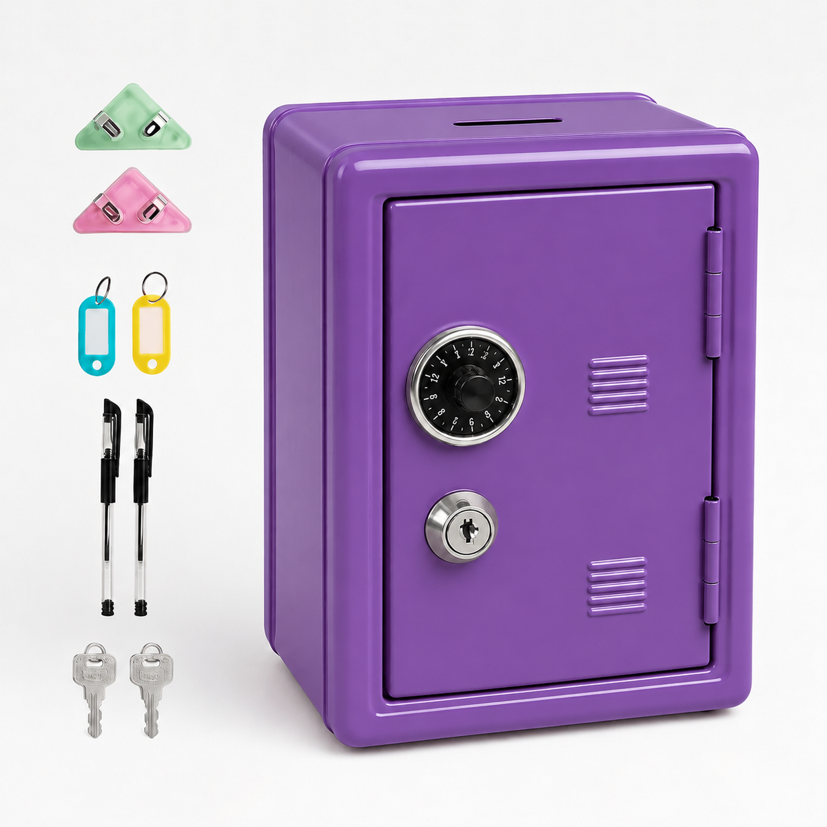 Lockable Metal Money Box, Cash &amp; Coin Storage Box with Key Lock, Compact Piggy Bank for For Kids &amp; Adults, Office &amp; Small Valuables-Purple