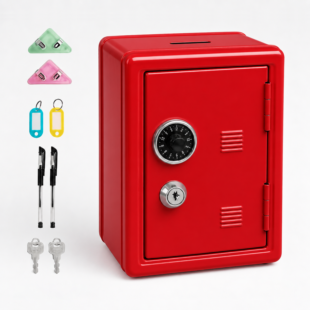 Lockable Metal Money Box, Cash &amp; Coin Storage Box with Key Lock, Compact Piggy Bank for For Kids &amp; Adults, Office &amp; Small Valuables-Red