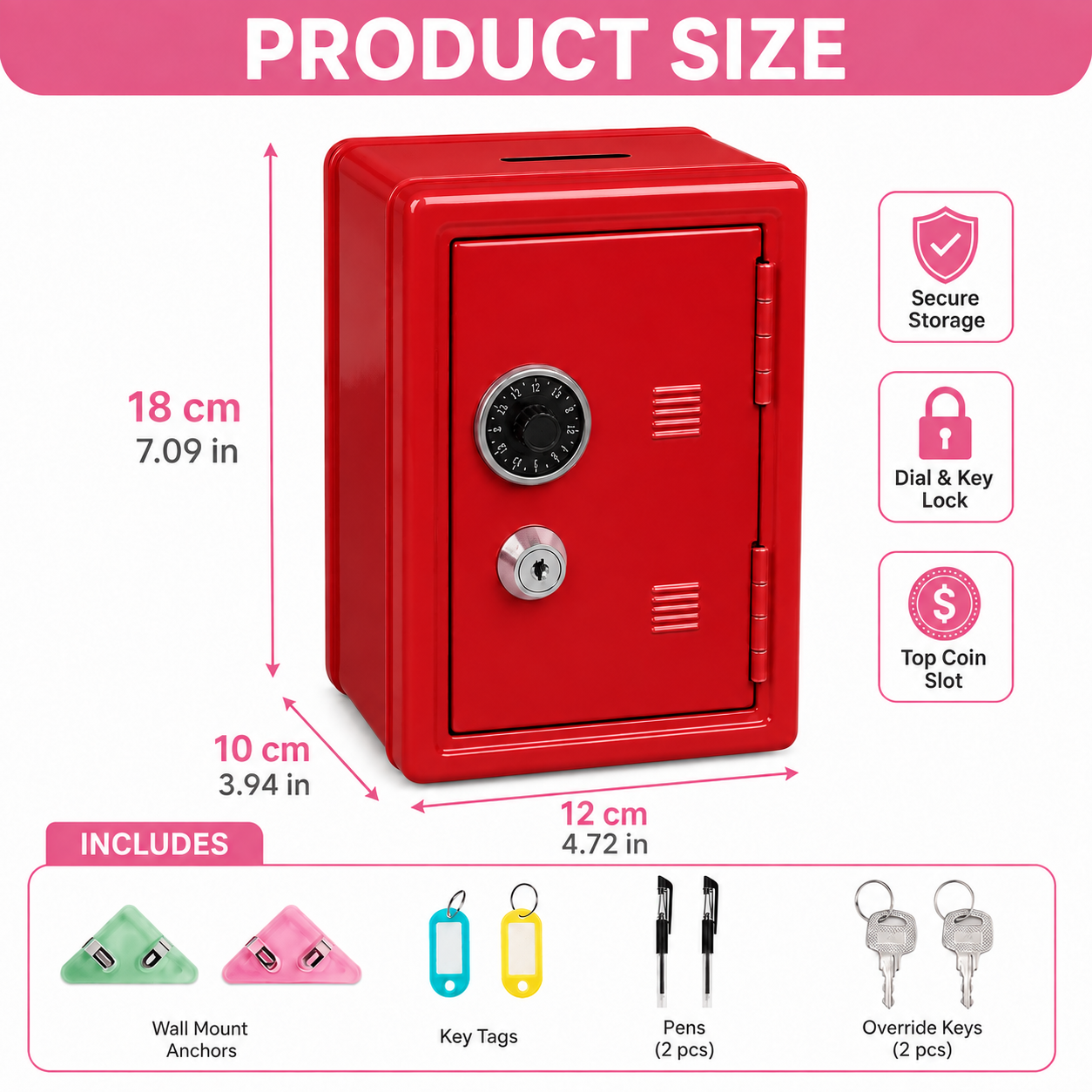 Lockable Metal Money Box, Cash & Coin Storage Box with Key Lock, Compact Piggy Bank for For Kids & Adults, Office & Small Valuables-Red