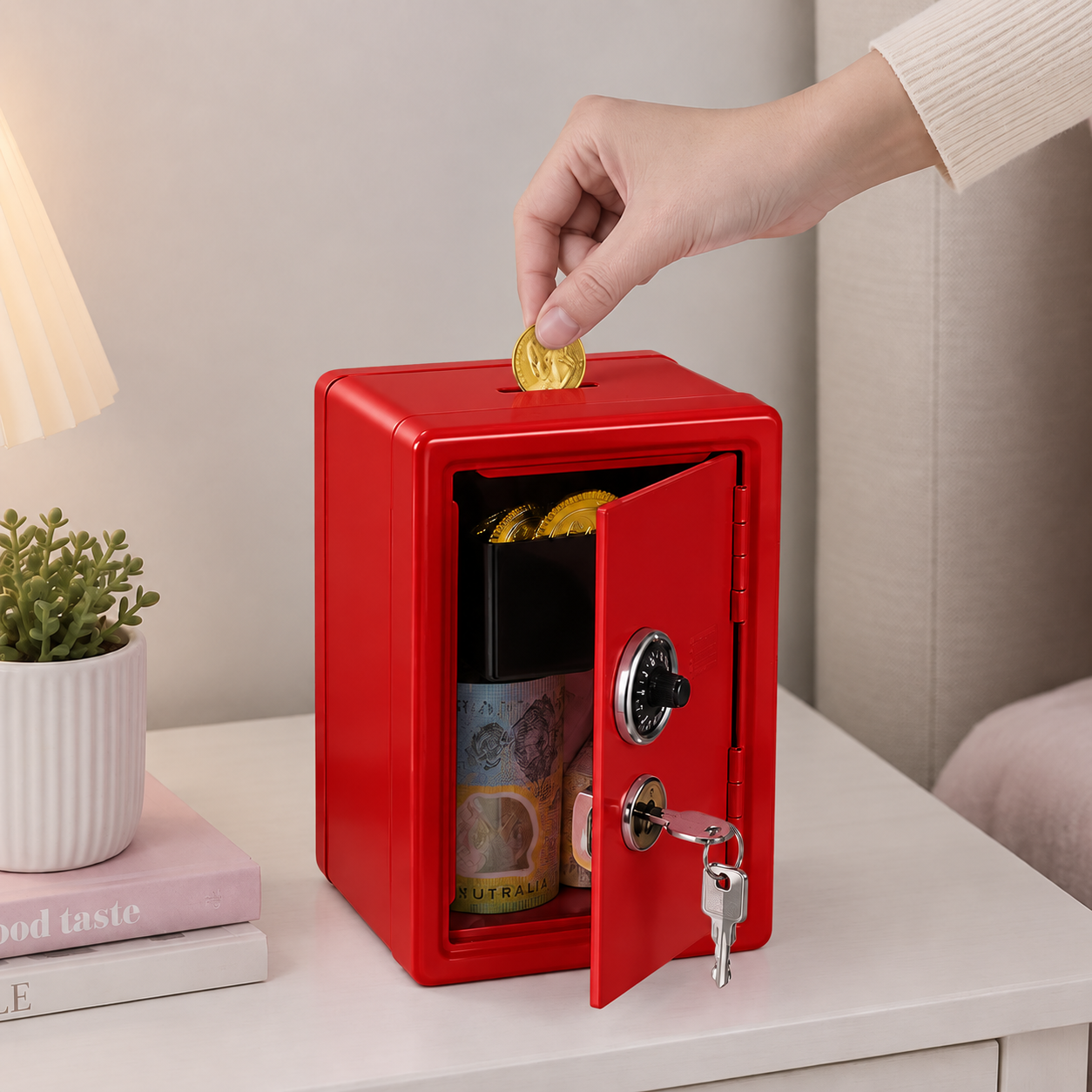 Lockable Metal Money Box, Cash & Coin Storage Box with Key Lock, Compact Piggy Bank for For Kids & Adults, Office & Small Valuables-Red