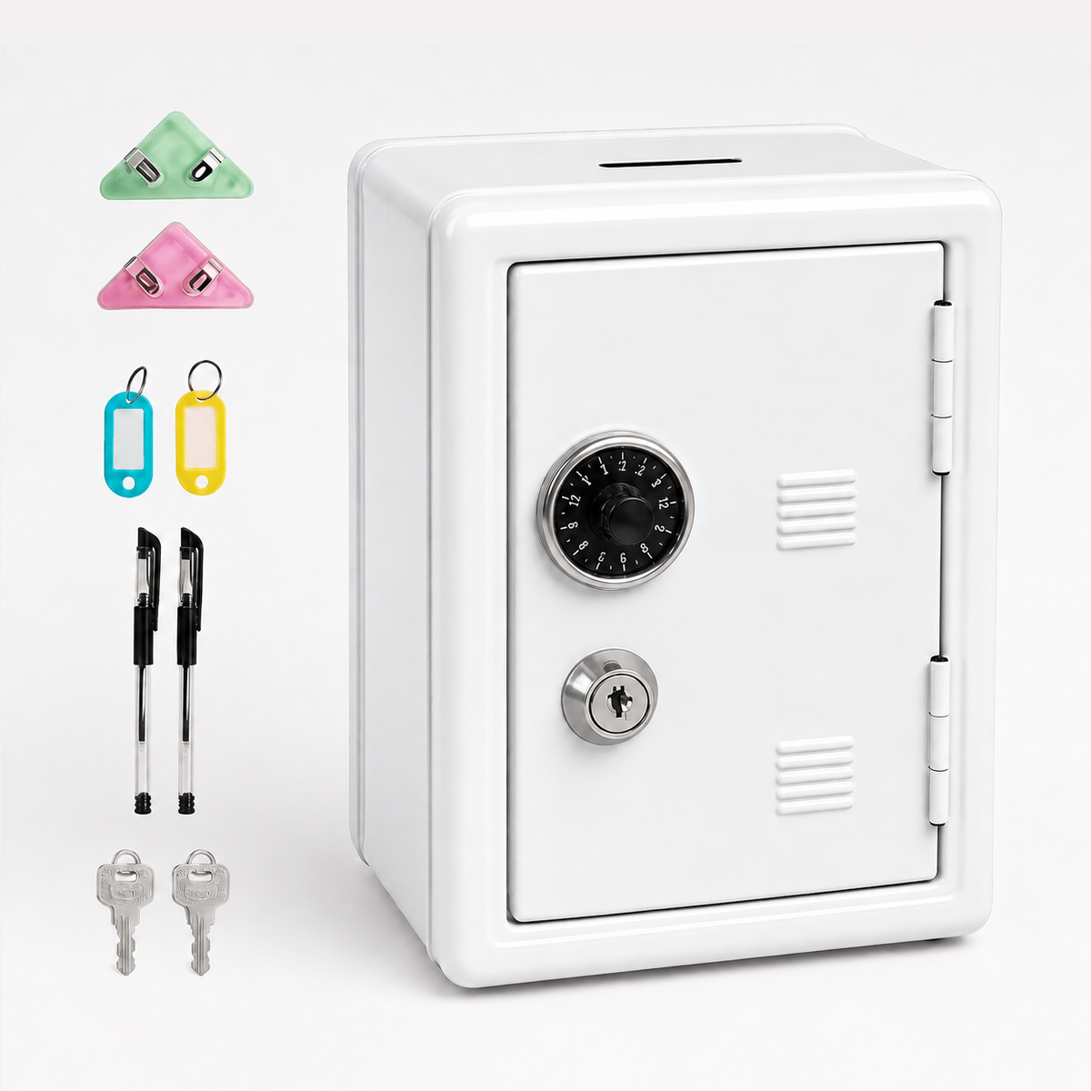 Lockable Metal Money Box, Cash &amp; Coin Storage Box with Key Lock, Compact Piggy Bank for For Kids &amp; Adults, Office &amp; Small Valuables-White