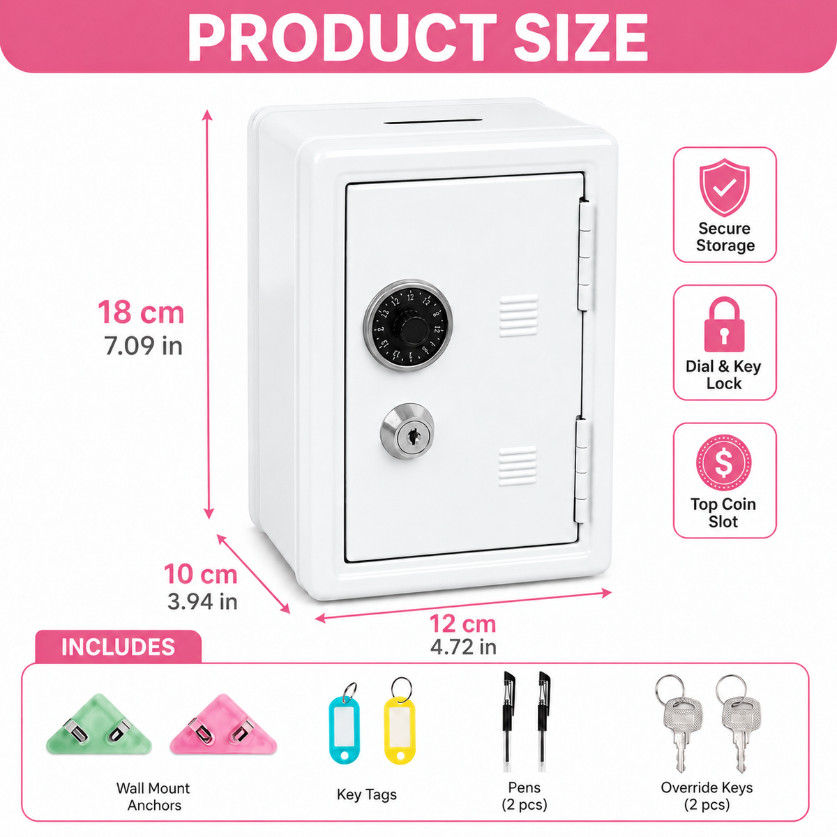 Lockable Metal Money Box, Cash & Coin Storage Box with Key Lock, Compact Piggy Bank for For Kids & Adults, Office & Small Valuables-White