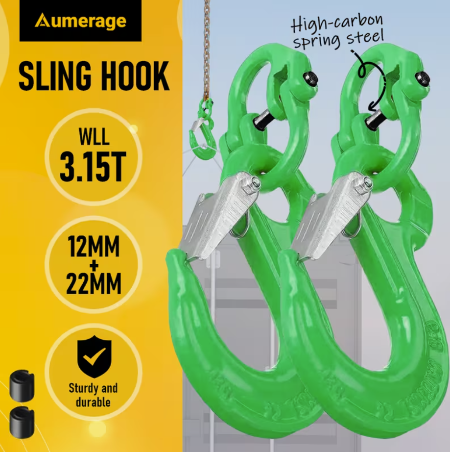2SET 3.15T Sling Hook Heavy Duty Hammerlock/Slip Hook Kit With Swivel Winch &amp; Safety Latch-Green