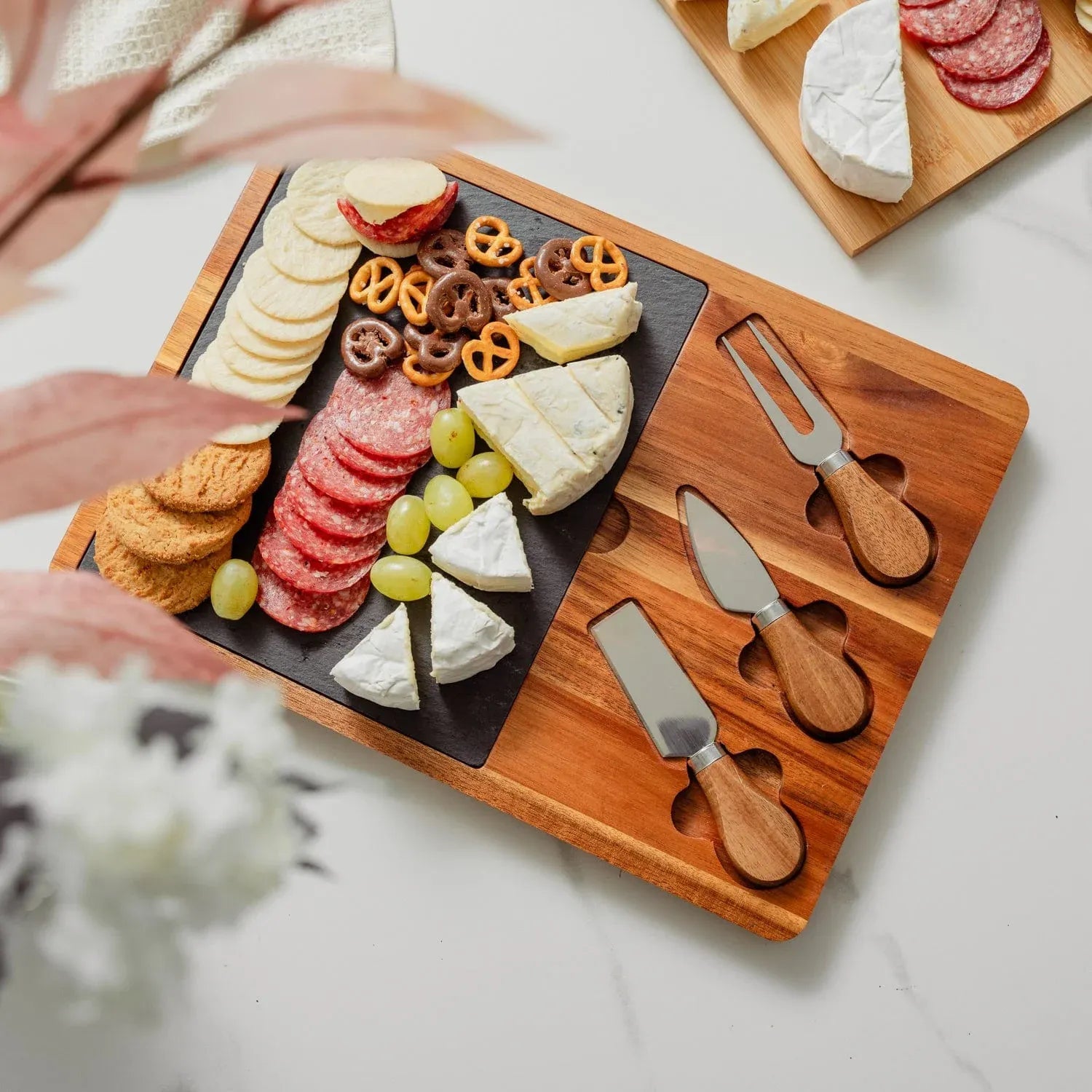 4 Pcs Clevinger Acacia Wood & Slate Cheese Board With Knife Set