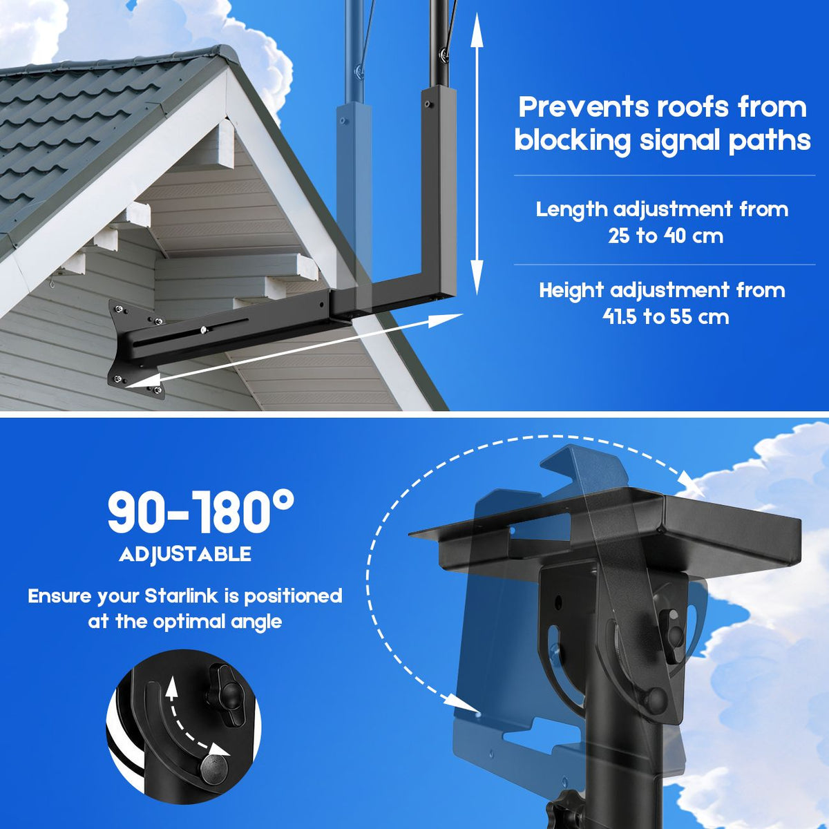 Long Arm Mount for Starlink Gen 3 Standard, Adjustable Telescoping Roof & Wall Bracket, 90°–180° Angle, 25–40cm Extension, Heavy-Duty Weather-Resistant