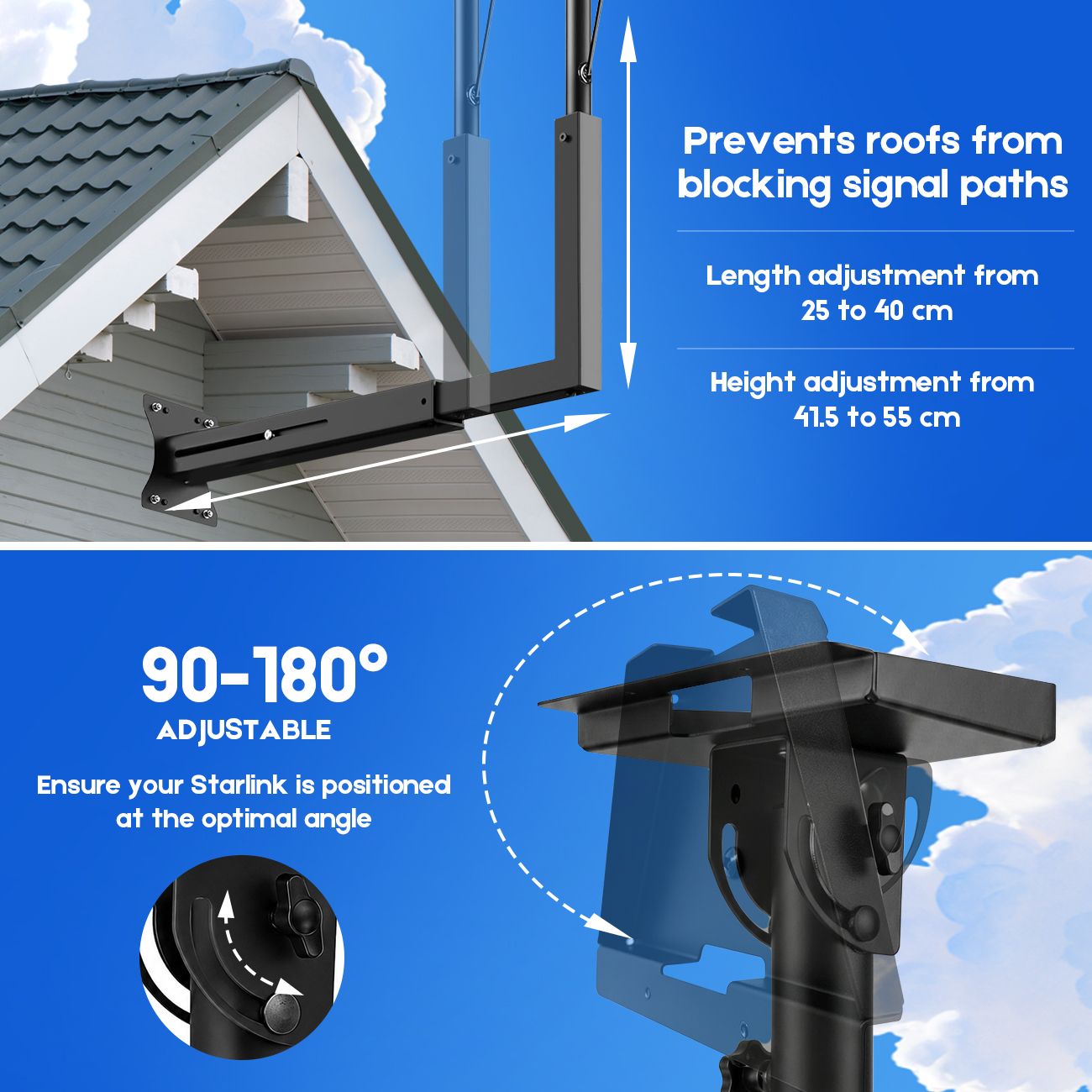 Long Arm Mount for Starlink Gen 3 Standard, Adjustable Telescoping Roof & Wall Bracket, 90°–180° Angle, 25–40cm Extension, Heavy-Duty Weather-Resistant