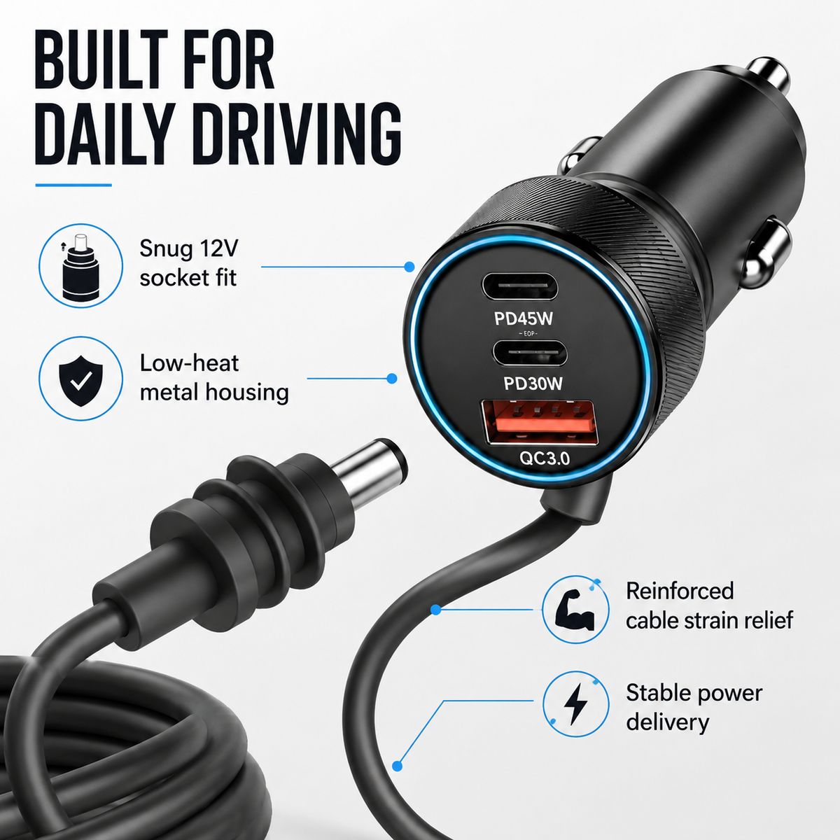 Aumerage Car Charger for Starlink Mini, DC Cable & Cigarette Adapter 3M | 3-in-1 12V-24V USB-C USB QC 3.0 + 45W/30W PD, 16AWG Waterproof  for Camping, RV & Off-Grid