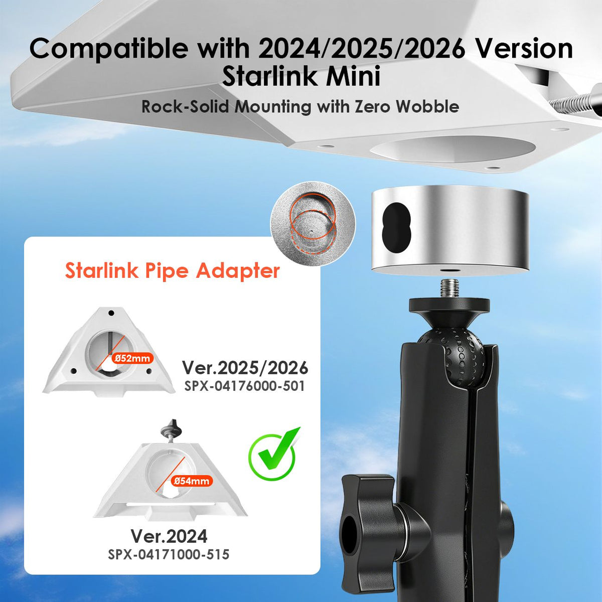 Pole Clamp for Starlink Mini, Adjustable Mount & Adapter Aluminum Alloy Pipe Adapter for 2024/2025/2026 Starlink Mini, RV/Yacht/Van/Camper/Boat