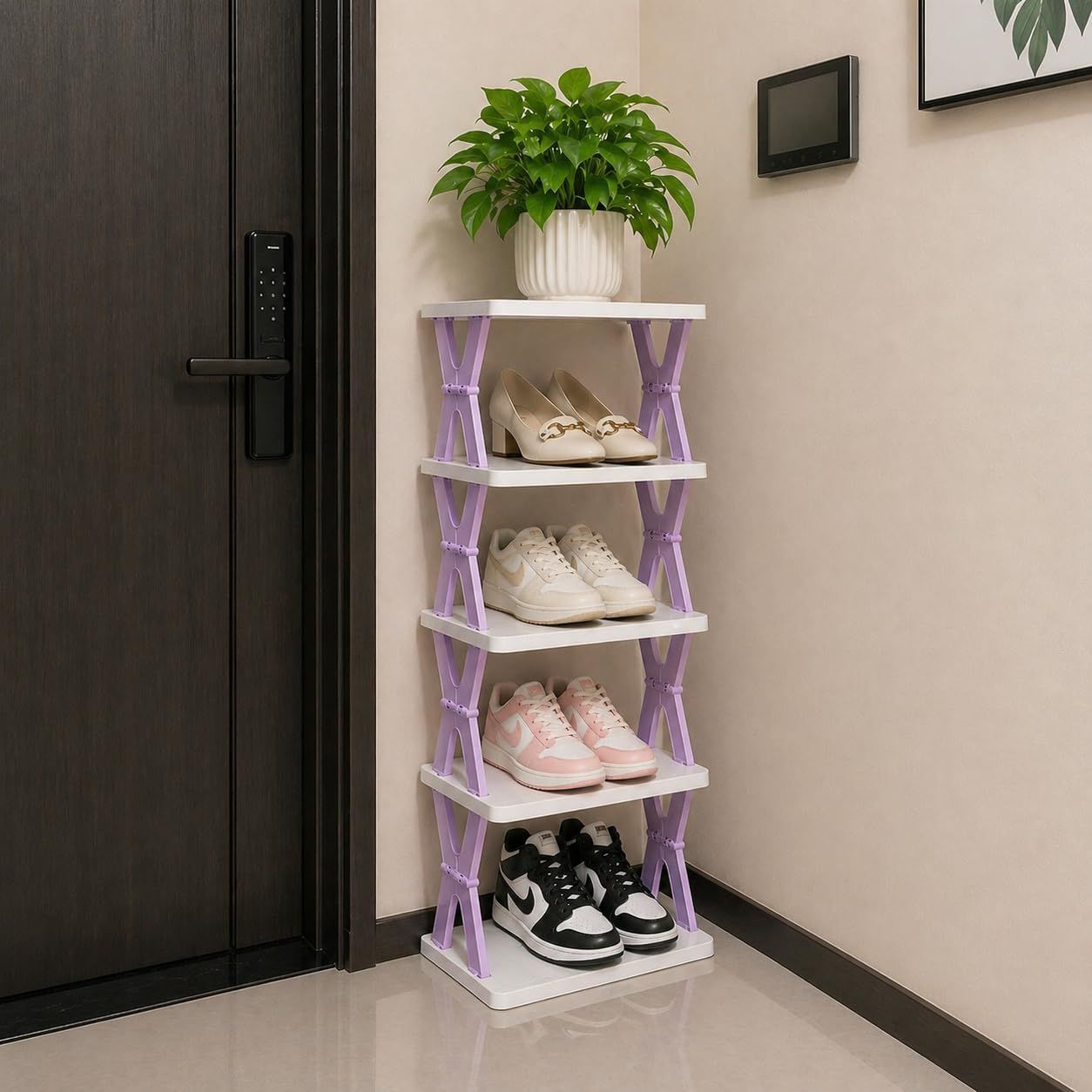 5-tier Vertical Shoe Rack Foldable, Corner Shelf for Narrow Space,Purple