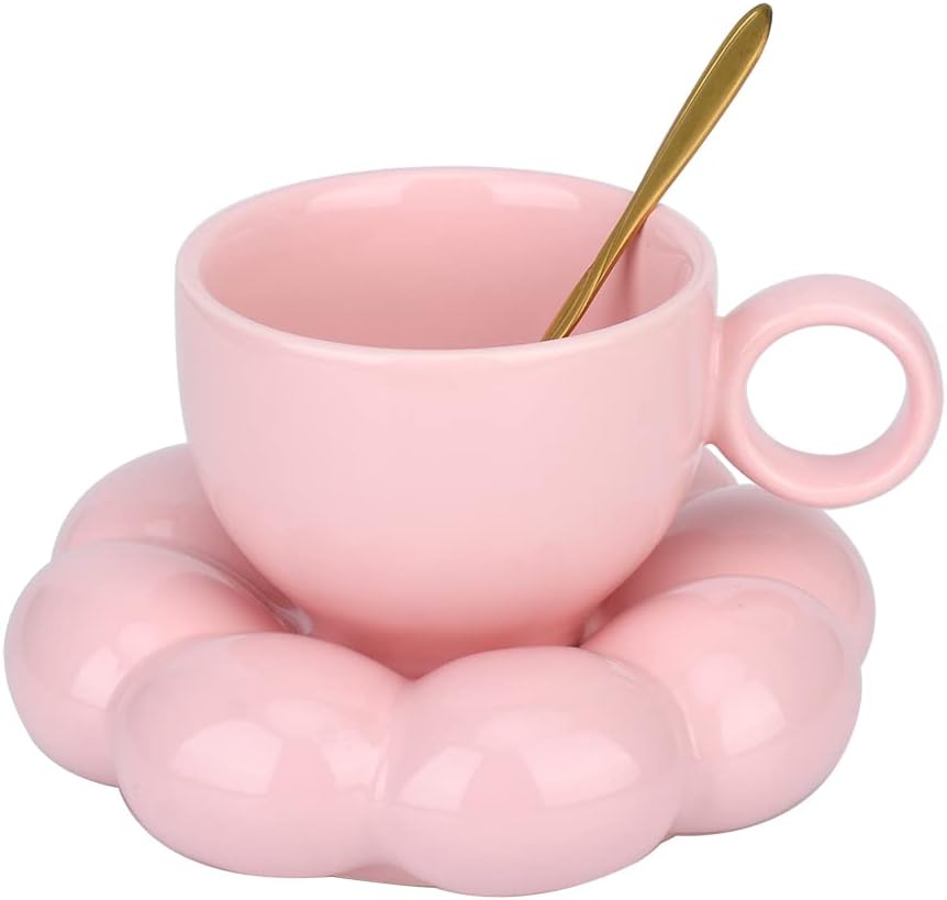 Cute Pink Ceramic Coffee Cup with Saucer Flower Spoon and Sunflower Coaster