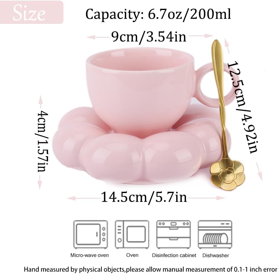 Cute Pink Ceramic Coffee Cup with Saucer Flower Spoon and Sunflower Coaster