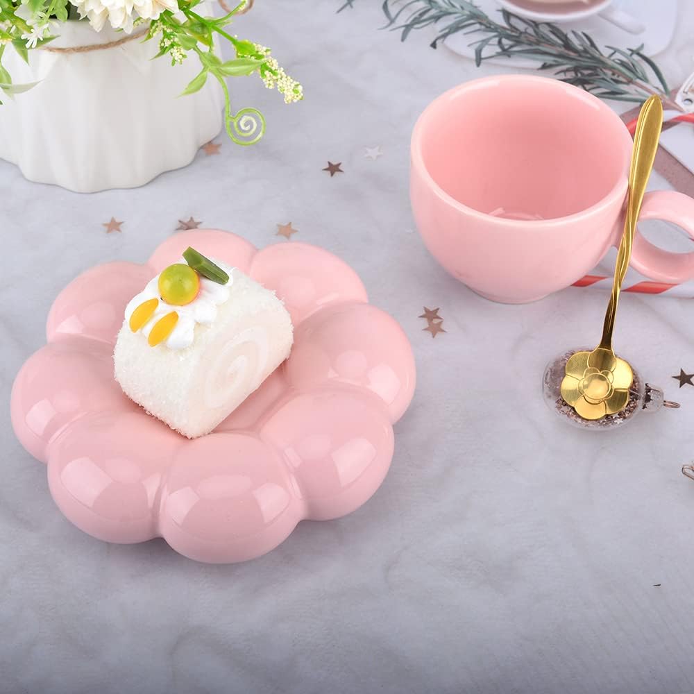 Cute Pink Ceramic Coffee Cup with Saucer Flower Spoon and Sunflower Coaster