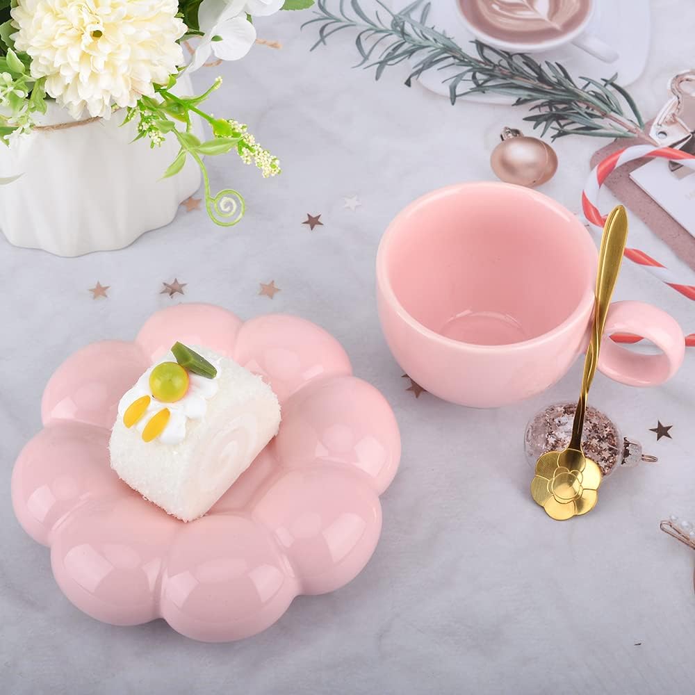 Cute Pink Ceramic Coffee Cup with Saucer Flower Spoon and Sunflower Coaster