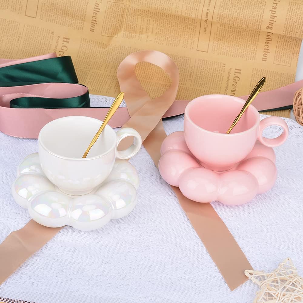 Cute Pink Ceramic Coffee Cup with Saucer Flower Spoon and Sunflower Coaster
