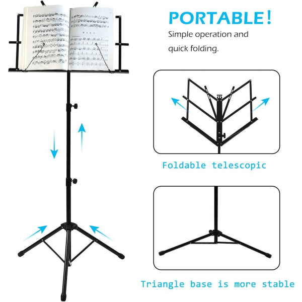 Adjustable Music Stand Portable Foldable Metal Stand with Carrying Bag Lightweight for Travel Storage Black