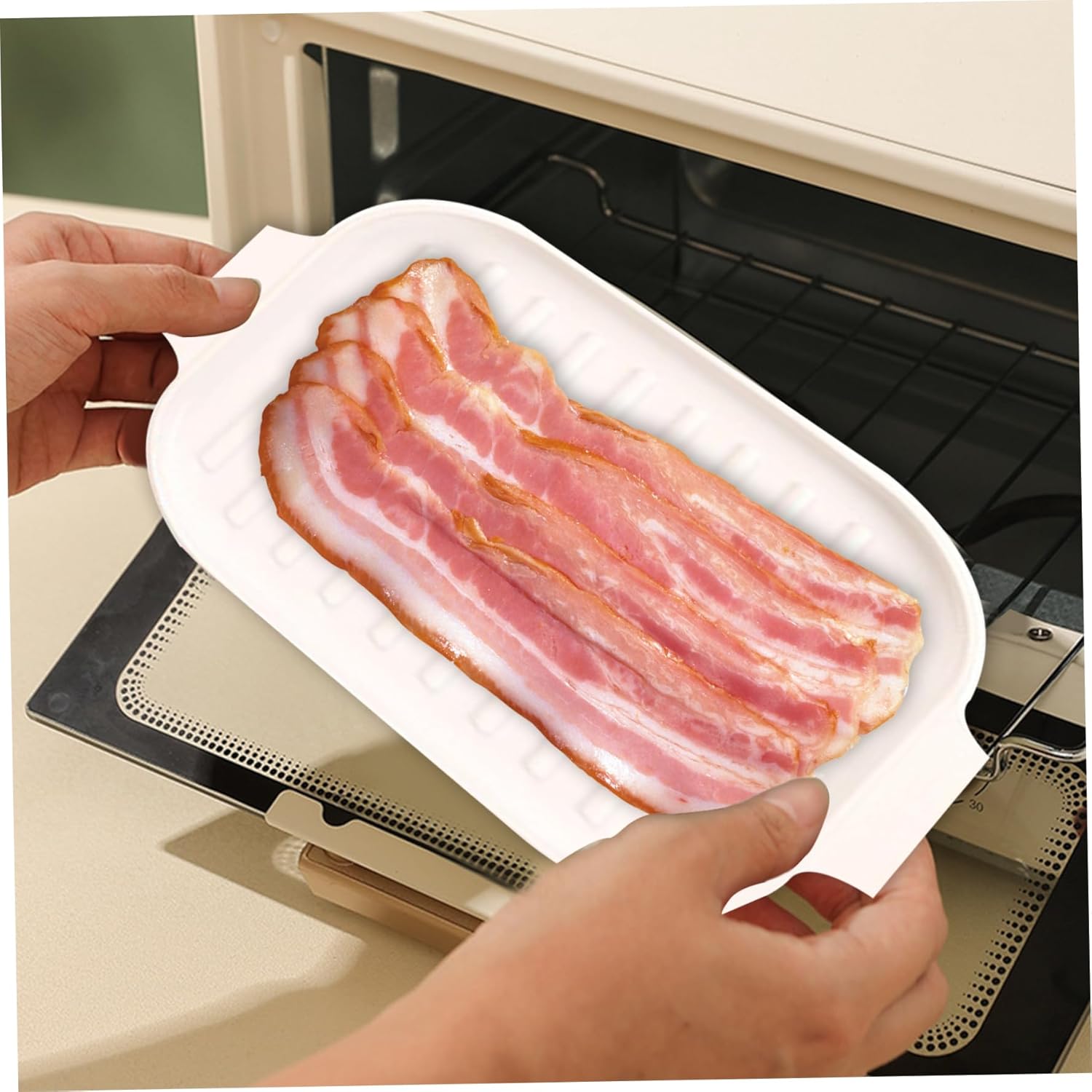 Microwave Tray for Bacon, 30 x 20 x 0.8 cm Silicone Bacon Pan with Lid and Handle, Crispy Bacon Maker