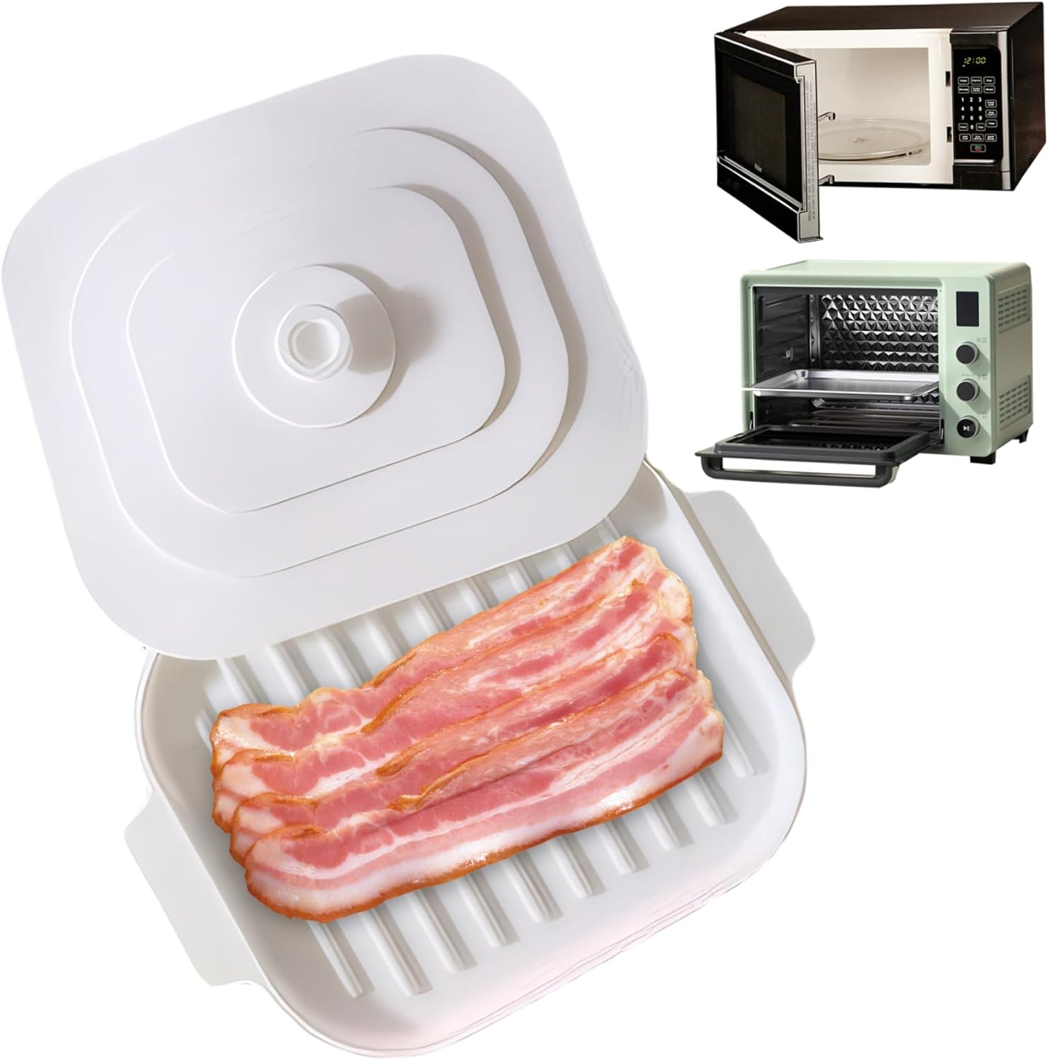 Microwave Tray for Bacon, 30 x 20 x 0.8 cm Silicone Bacon Pan with Lid and Handle, Crispy Bacon Maker