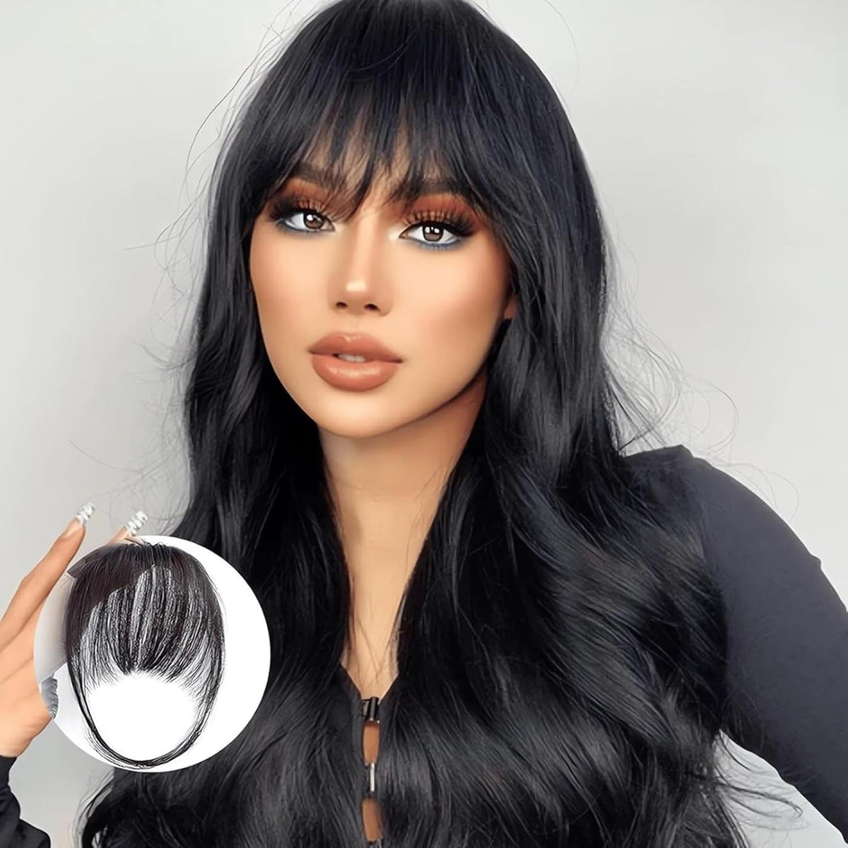 Clip-in Bangs Made of Real Hair, French Bangs Extensions | Natural Colored Clip-on Bangs, Hair Fringe for Women and Girls Natural Black