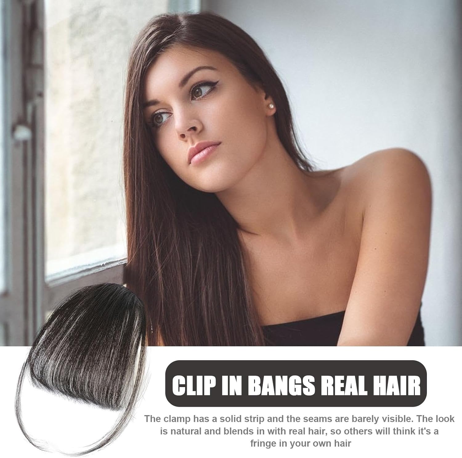 Clip-in Bangs Made of Real Hair, French Bangs Extensions | Natural Colored Clip-on Bangs, Hair Fringe for Women and Girls Natural Black