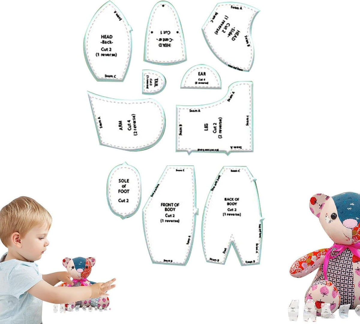 M-Emory Bear Template Ruler - 30 cm Sewing Templates | Acrylic Bear Templates with Instructions for Crafts and Sewing Projects Medium size (12 inches)
