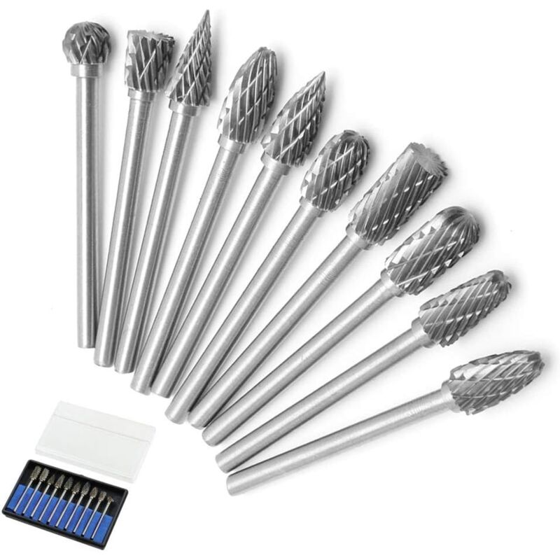 10pcs Double Cut Tungsten Steel Rotary Files with 3mm Shank, Twist Drill Bits for Dremel Rotary Tools