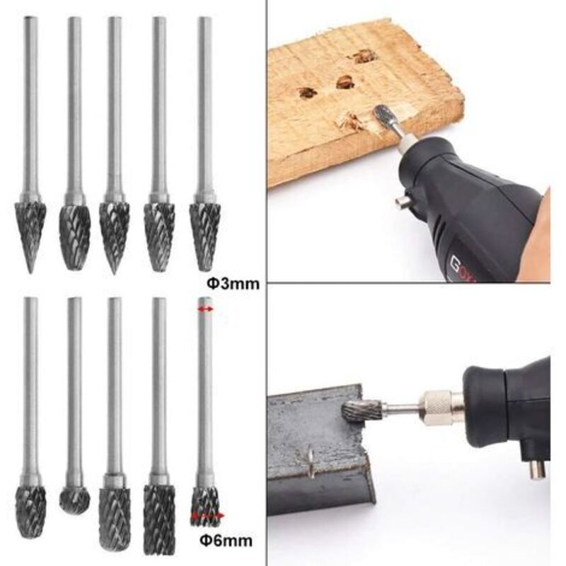 10pcs Double Cut Tungsten Steel Rotary Files with 3mm Shank, Twist Drill Bits for Dremel Rotary Tools
