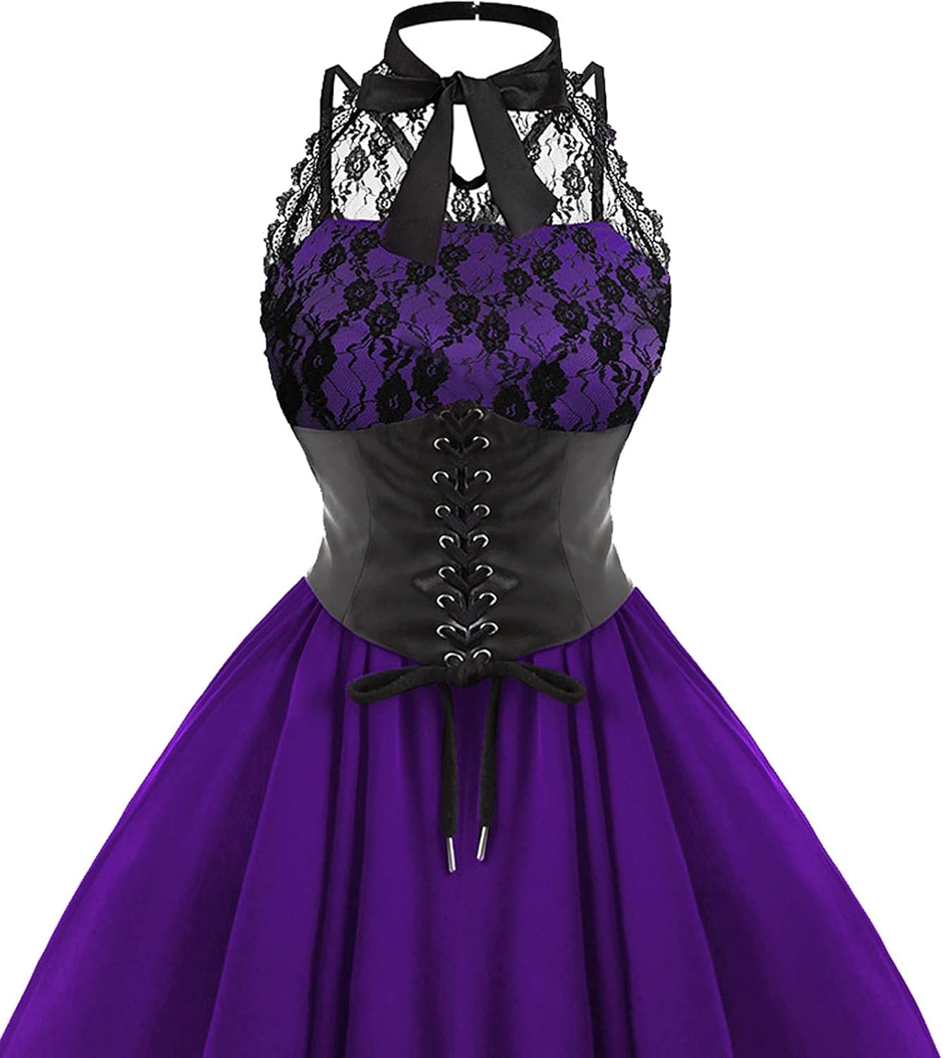 Sleeveless Gothic Lace Dress for Women 80s Party Dress Corset Halter Lace Swing Cocktail Purple XXL