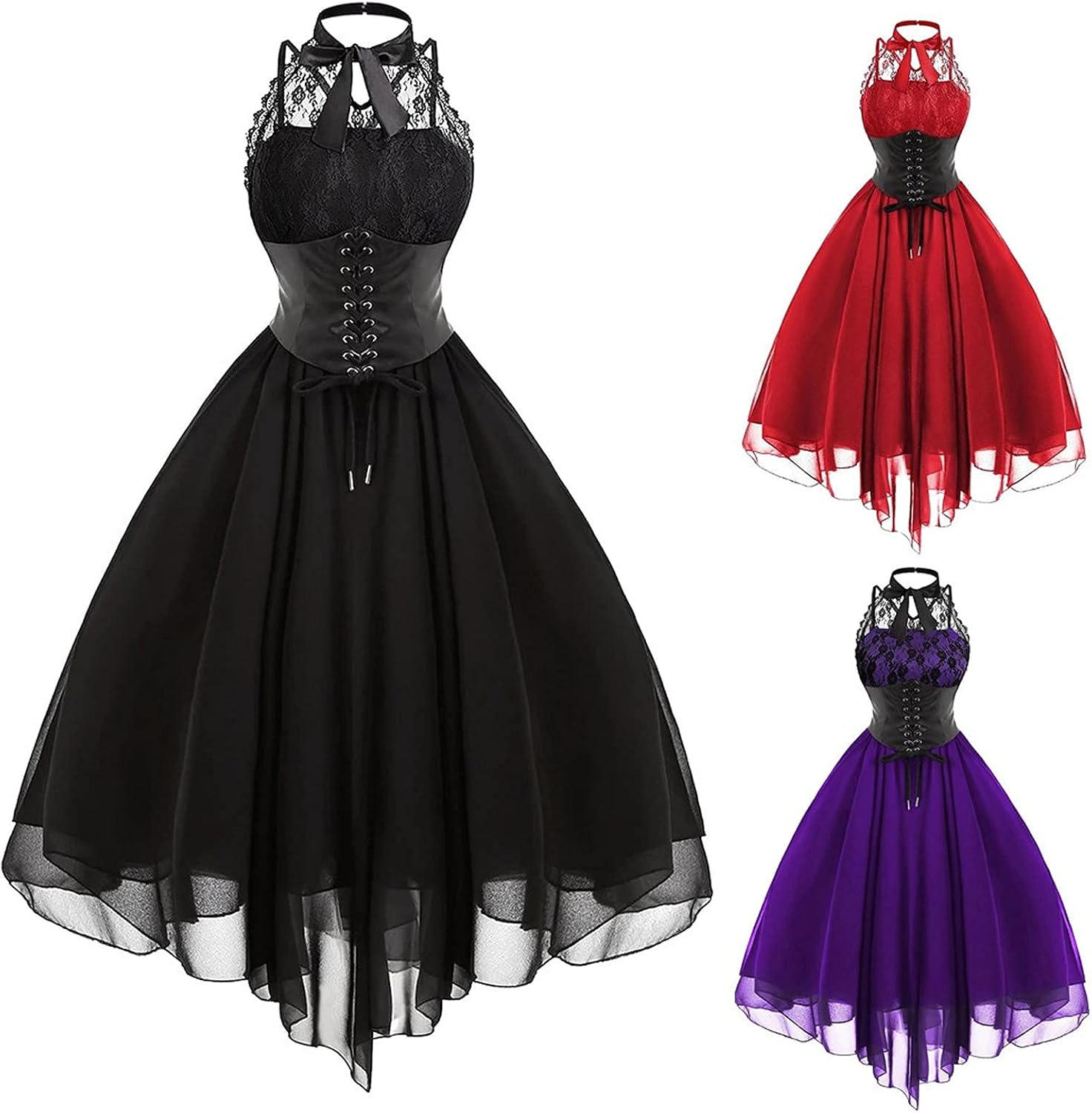 Sleeveless Gothic Lace Dress for Women 80s Party Dress Corset Halter Lace Swing Cocktail Purple XXL