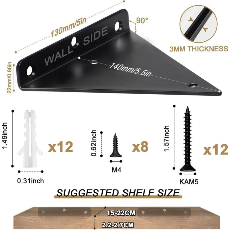 Package Triangle Shelf Brackets, 14cm Iron Floating Shelf Brackets, Metal Wall Mounted Shelf Brackets for DIY Open Shelf Ikodm