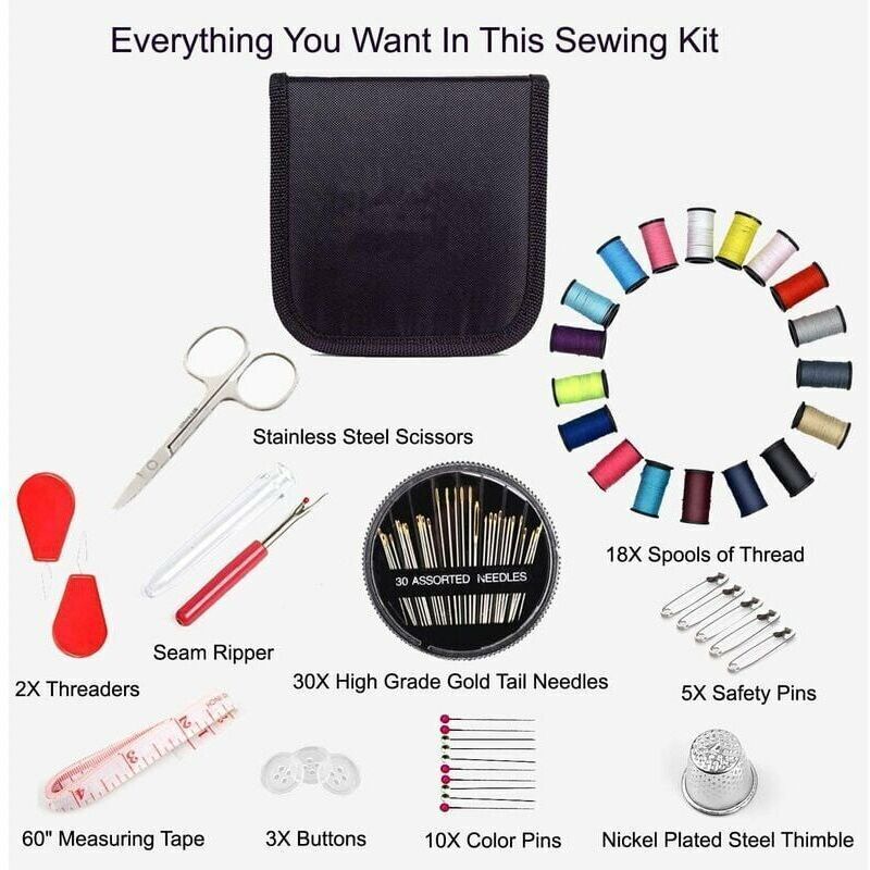 Sewing Kit 52 Accessories with 18 Thread Spools Black Box for Beginners Kids Adults Travel Compatible with Sewing Machines