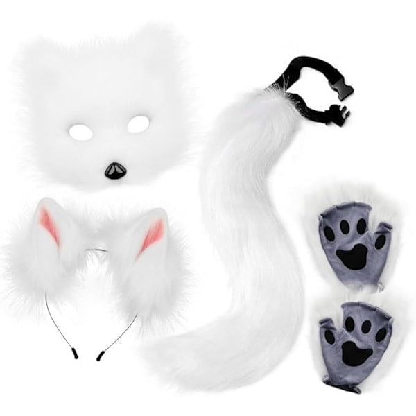 Fox Tail &amp; Ears Set, Cat Costume with Gloves, White Halloween Cosplay Accessories white